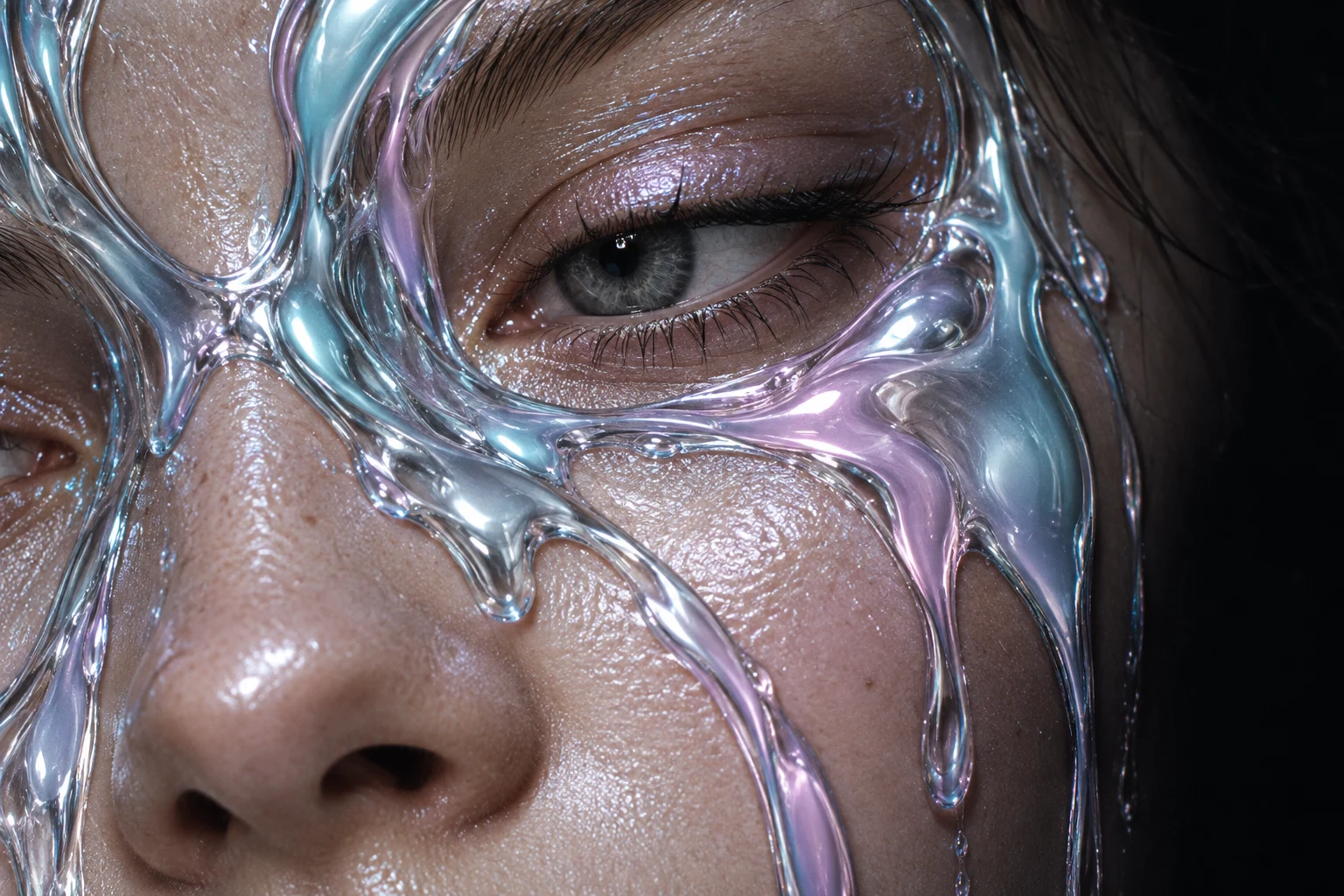 Extreme close-up of a person's eye and cheek wrapped in flowing iridescent liquid chrome