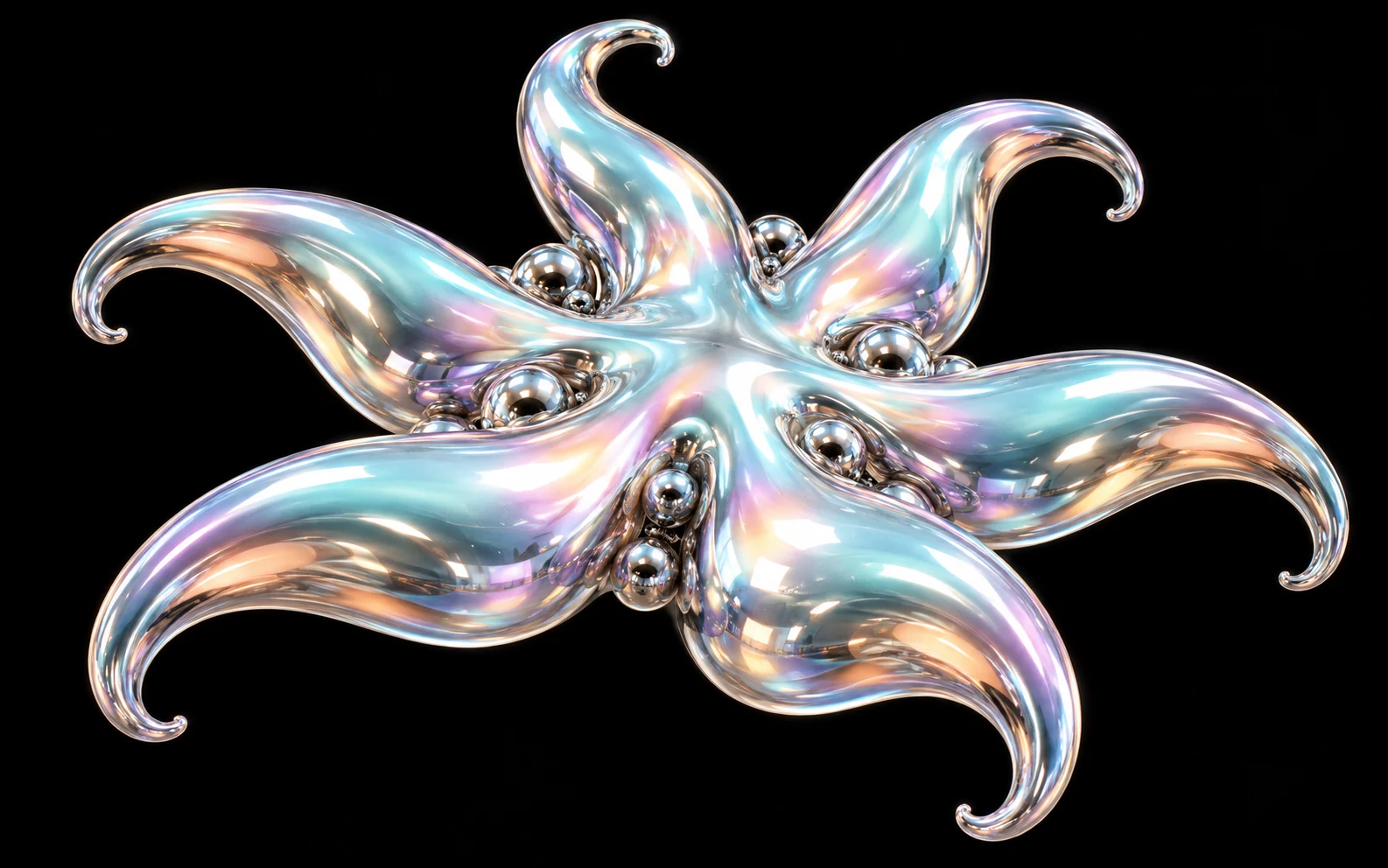 A glossy chrome starfish-like form with many tentacles and small spheres