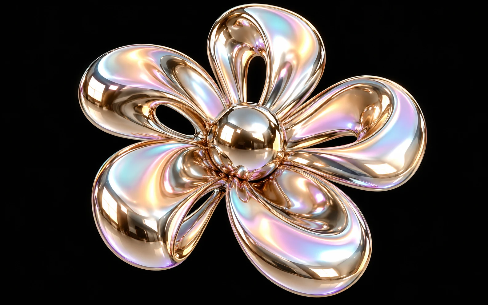 Chrome flower with looping petals around a mirror sphere