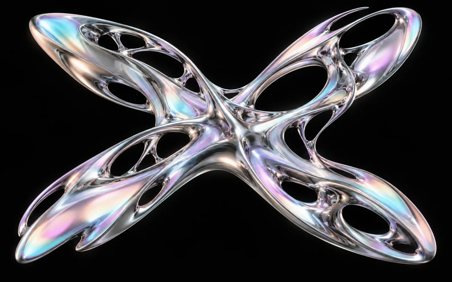 Abstract chrome sculpture of crossing melted ribbons and holes