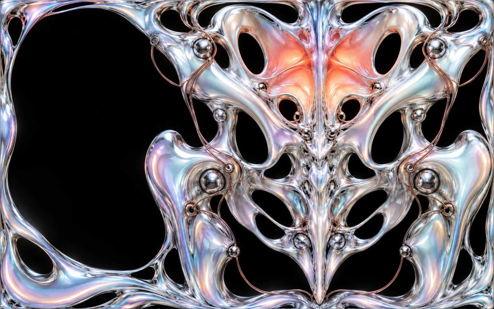 A symmetrical biomorphic sculpture of glossy pearlescent liquid chrome, like a mirrored organism with tendrils and copper wires, set against black