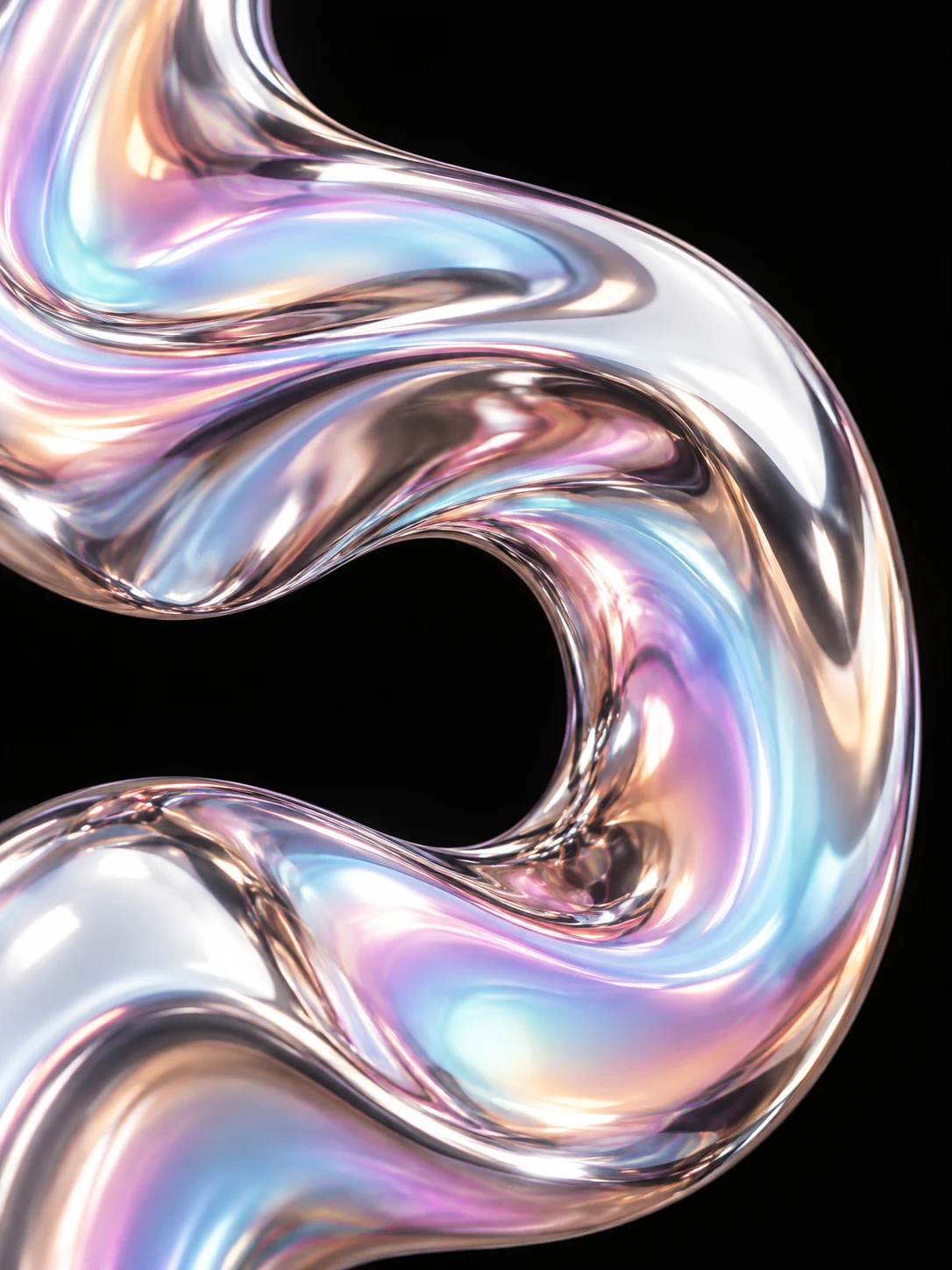 Close-up of a twisted pearlescent chrome form with a looping hole