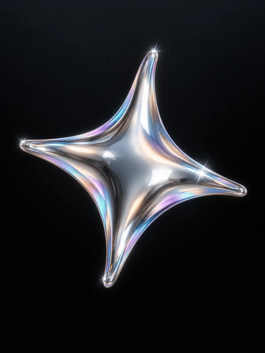 A four-pointed liquid chrome star floating in darkness